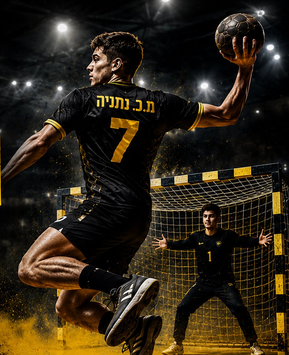 שחקן כדוריד של מ.כ. נתניה בזינוק לזריקה